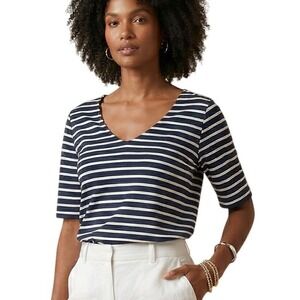 J JILL Womens XL Petite Tee Navy White Striped Pima Cotton V Neck Elbow Sleeve